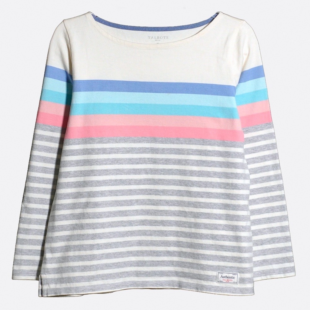 Talbots Hamilton Stripe Authentic Tee Size‎ M Cotton Pastel Boat Neck Top Cream - Picture 2 of 8